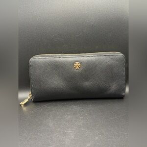 Tory Burch Black Zippered Wallet, Gold Tone Tory Birch Logo Zip Closure Wallet